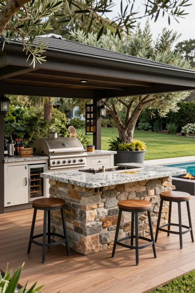Outdoor covered cabana featuring a stainless steel grill, sink, stone island bar with four wood-topped black metal stools, wine cooler, and nearby pool.