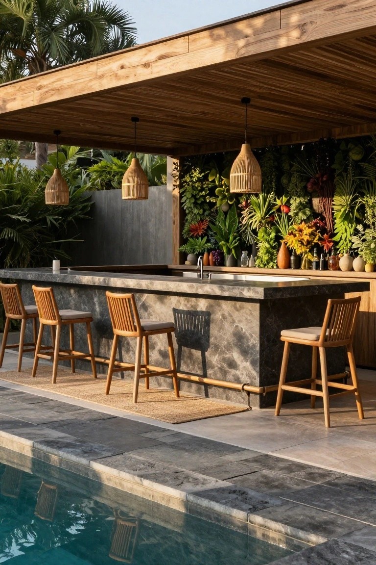 Wooden cabana with open roof, gray stone bar counter, four wooden bar stools with cushions, rattan pendant lights, lush green plant wall behind the bar, and infinity-edge pool in front.