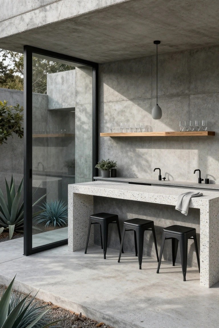 Outdoor concrete bar counter with integrated sink, black metal stools, wooden shelf with glassware, potted plants, and large glass sliding door in a concrete-walled space surrounded by agave plants.