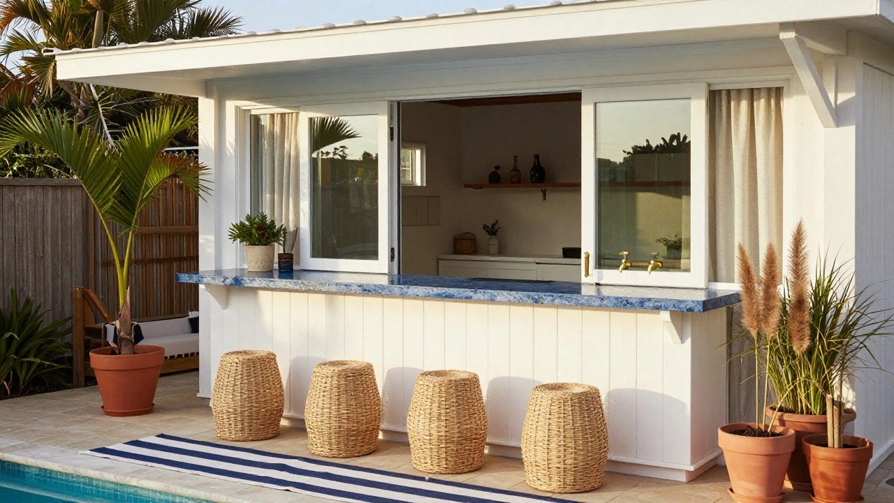 Outdoor pool cabana with blue stone countertop bar on white paneled base, three rattan stools, wooden slat screens, potted plants, and striped deck by swimming pool.