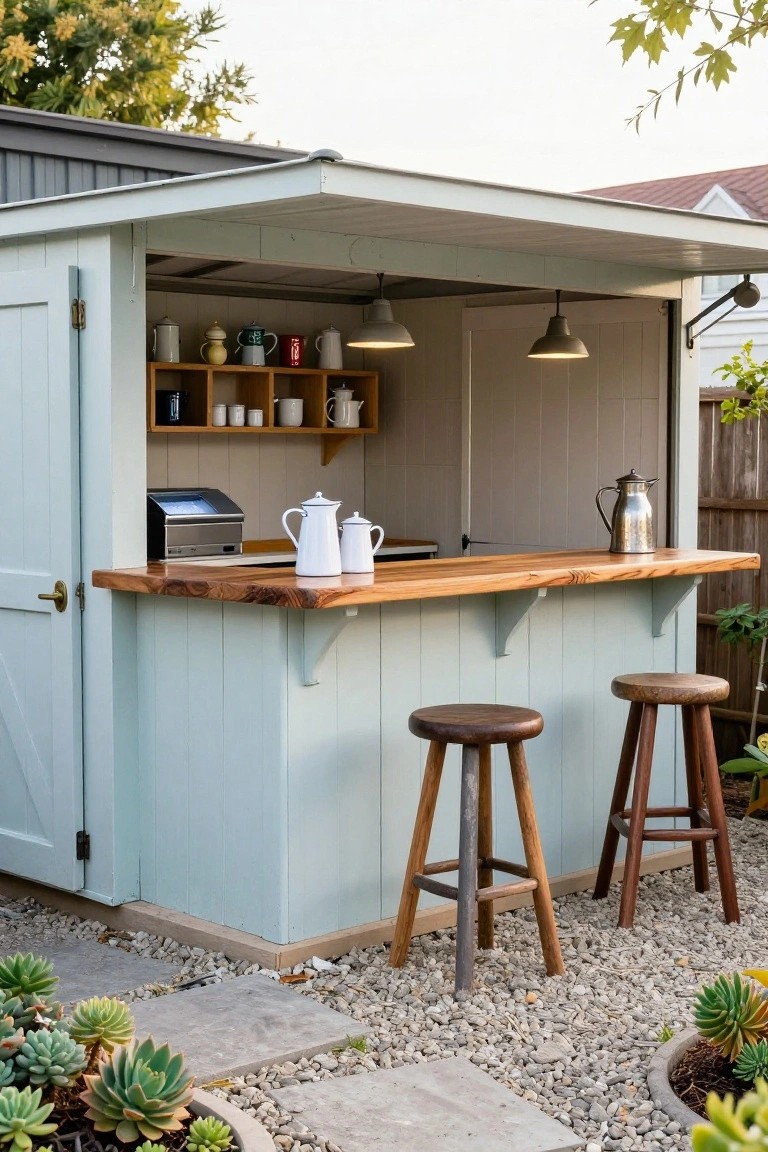 Light blue painted wooden shed structure open on front with wooden bar counter, two wooden stools, shelves with ceramic pots and cups, metal coffee maker on counter, gravel yard with succulents and pavers.