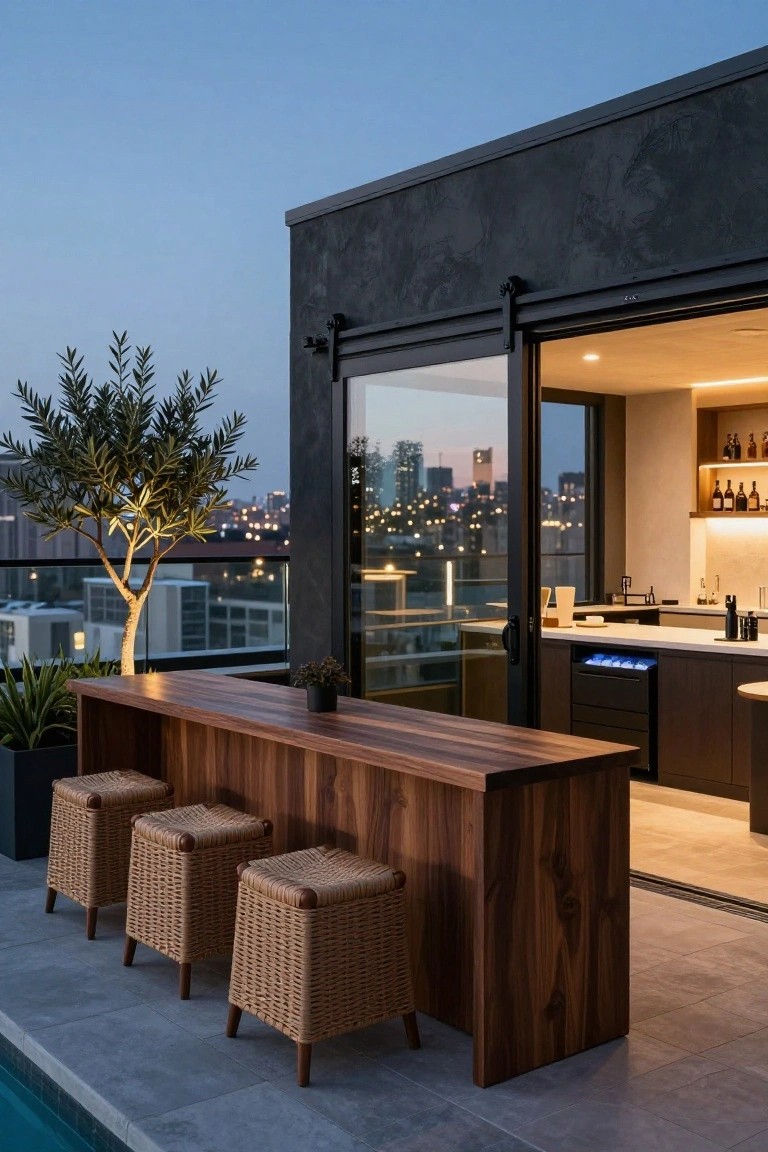 Rooftop terrace featuring a wooden bar counter with three rattan stools next to a pool edge, open sliding glass doors to an indoor kitchen bar, potted olive tree, and city skyline at dusk.