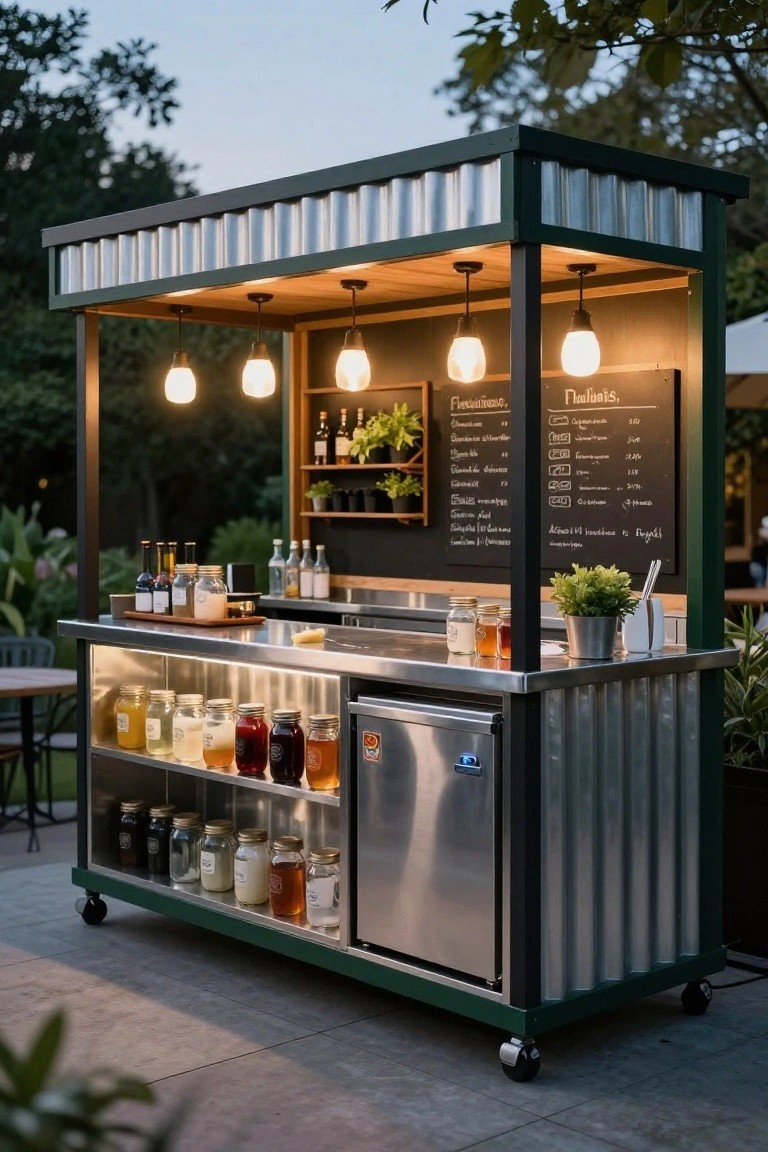 Wheeled outdoor bar cabana with green frame and corrugated metal siding, wood countertop, pendant lights, shelves of glass jars and bottles, potted plants, chalkboard menu, and stainless steel fridge in a garden setting.