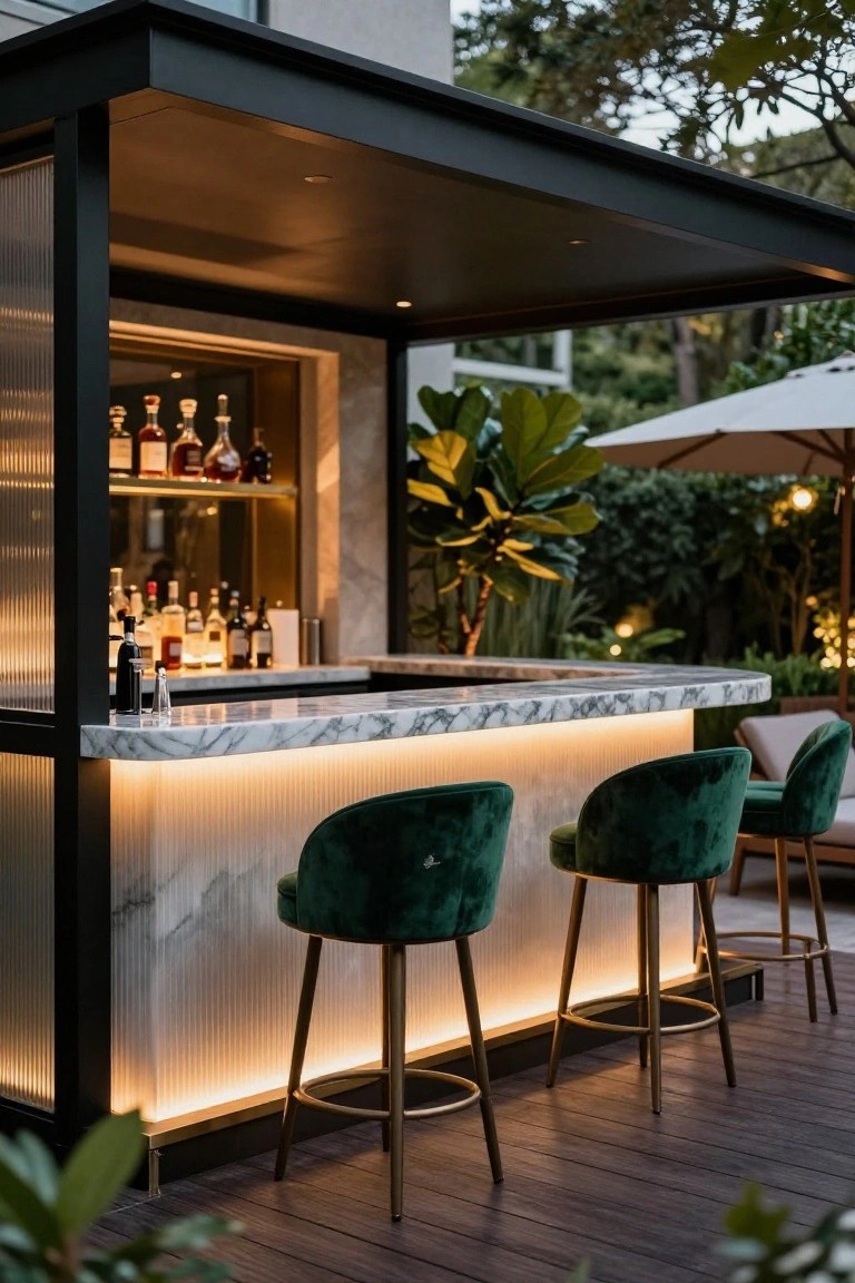 Curved white marble bar countertop with LED underlighting in an outdoor pool cabana, featuring emerald green velvet bar stools on gold legs, black metal framing, liquor bottles on shelves, and tropical plants and greenery in the background.
