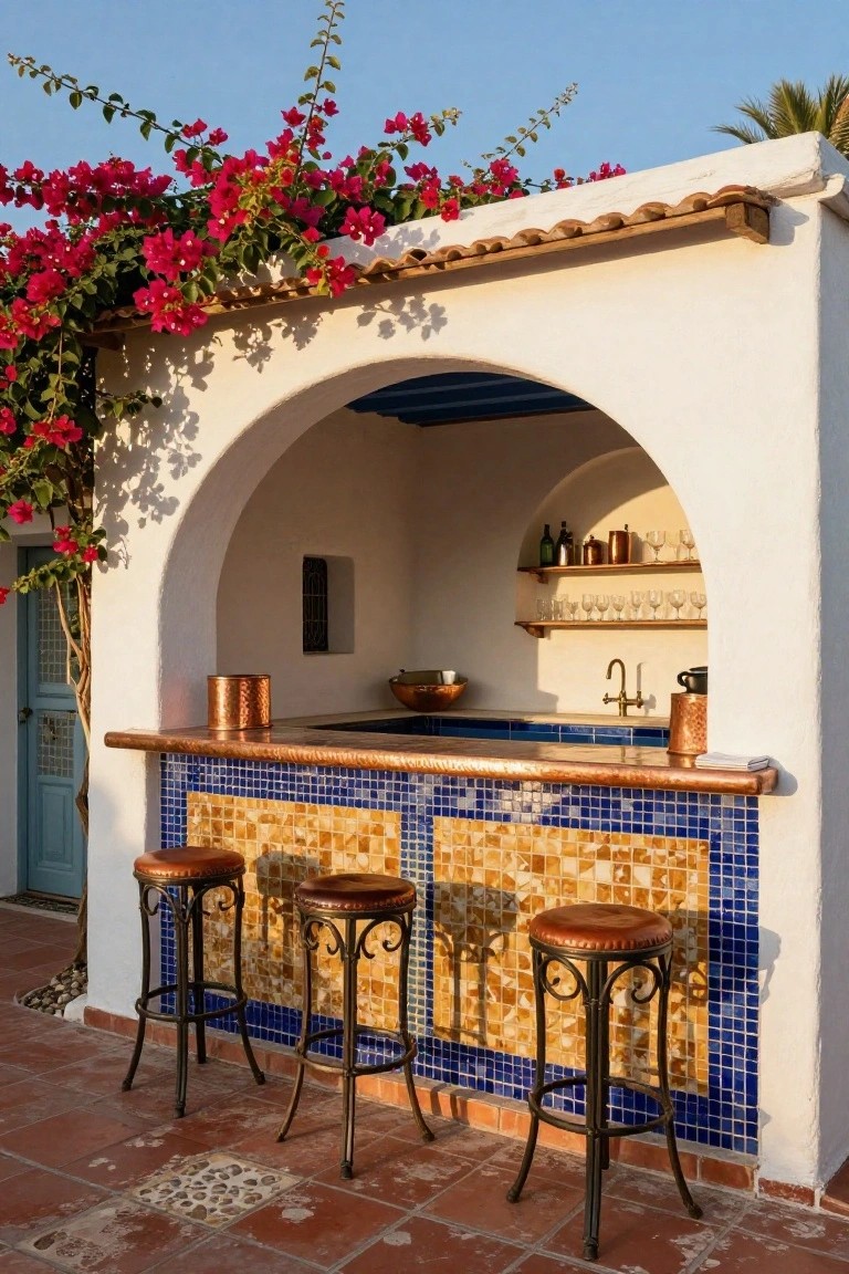 White stucco outdoor cabana structure with arched bar opening, copper-topped bar counter featuring blue and yellow mosaic tile skirt, three leather-upholstered metal bar stools, copper pots and accents, bougainvillea vines overhead, and blue door nearby on terracotta patio.