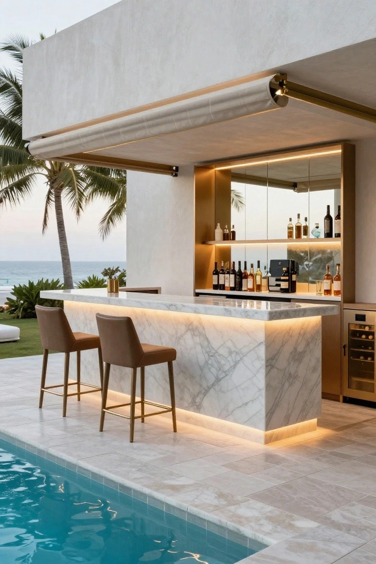 Outdoor poolside bar with white marble countertop edged in LED lighting, two brown leather bar stools on a tiled patio next to an infinity-edge pool, wooden bar cabinet with liquor bottles and mirror backing, palm trees and ocean view in background.