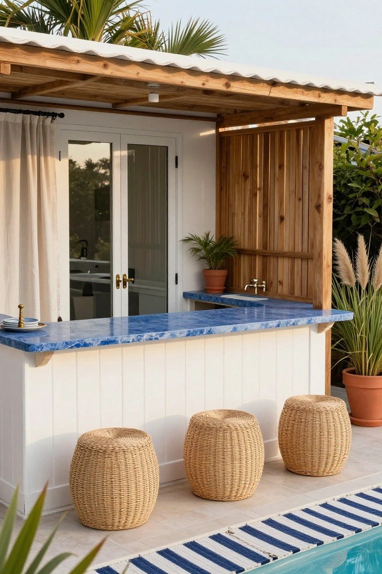 Outdoor pool cabana with blue stone countertop bar on white paneled base, three rattan stools, wooden slat screens, potted plants, and striped deck by swimming pool.