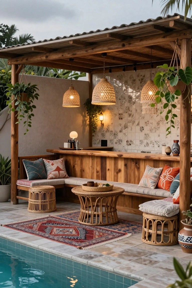 Wooden pergola-style cabana with bar counter, built-in cushioned bench seating, rattan stools and table, pendant lanterns, potted plants, and tiled backsplash next to a turquoise in-ground pool on a stone deck.