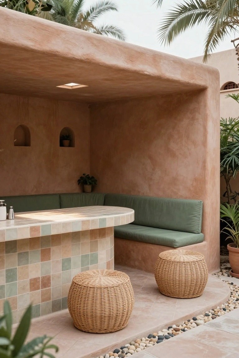 Shaded outdoor cabana with curved bar counter topped in multicolored tiles, green cushioned bench, two round woven stools, terracotta walls with niches, plants, and palm trees nearby.
