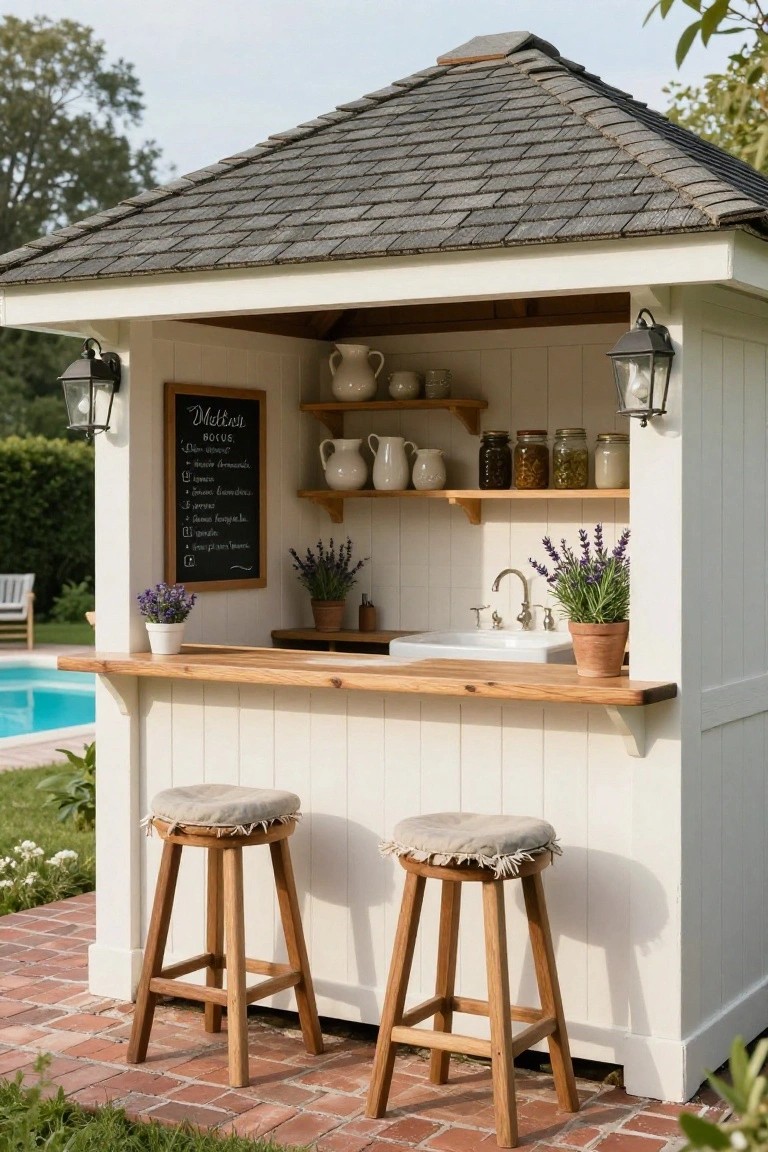 White shiplap pool cabana with open sides, wooden bar counter and two cushioned stools, sink, shelves with pottery and jars, chalkboard menu, potted lavender plants, next to a blue swimming pool on brick pavers.