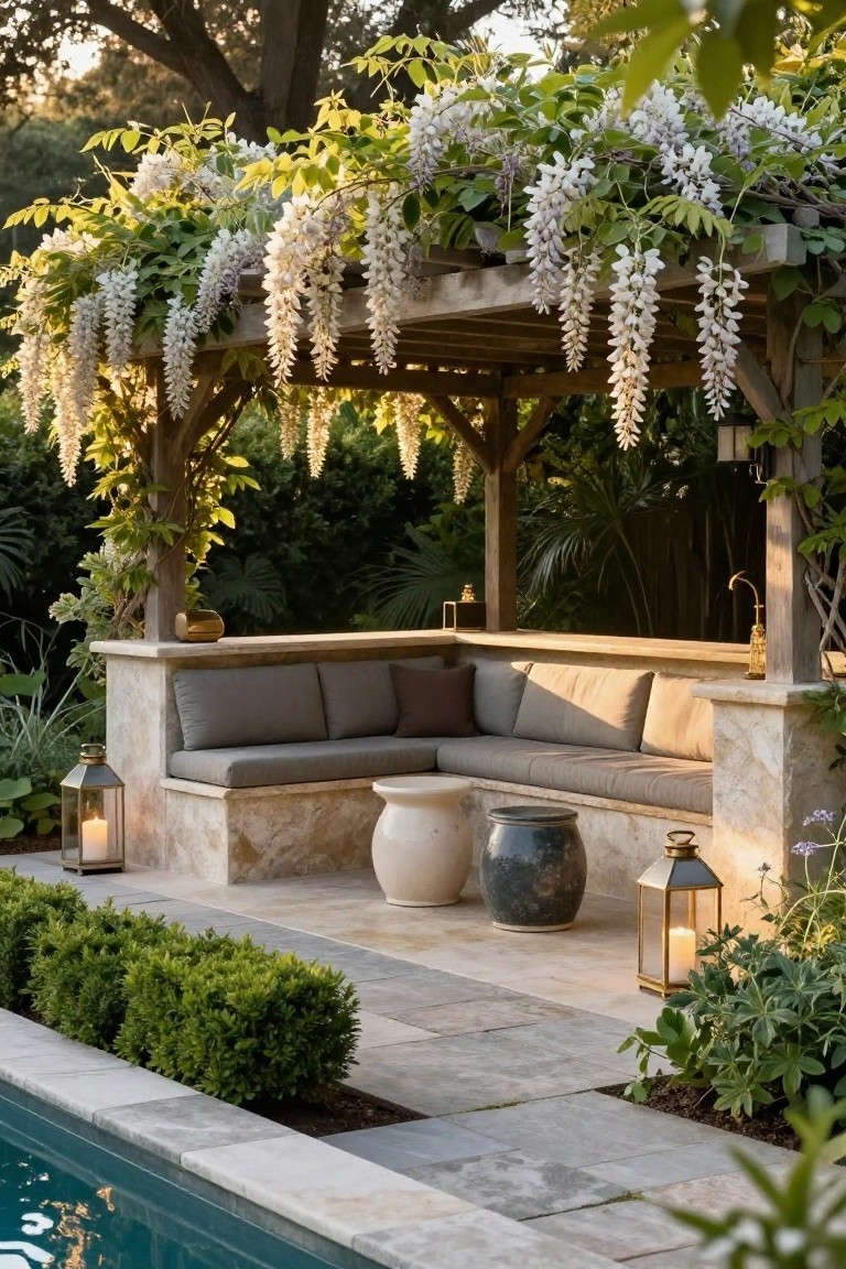 Wooden pergola draped with white wisteria flowers over built-in beige stone L-shaped benches with gray cushions, flanked by lanterns and ceramic pots, adjacent to a pool with boxwood hedges and stone pavers.