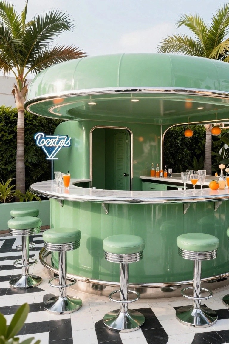 Mint green curved cabana bar structure with chrome swivel stools, neon 