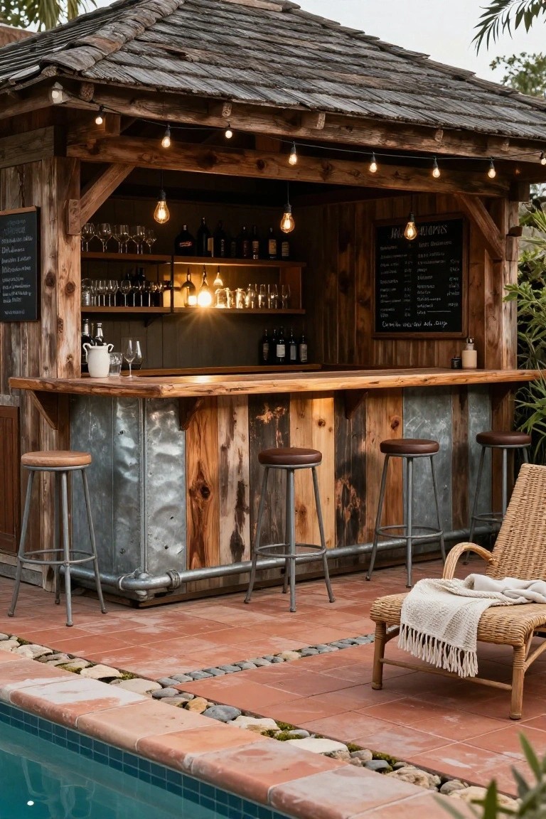 Wooden bar counter with metal backing and stools in a poolside cabana, string lights hanging above, shelves with bottles and glasses, lounge chair nearby, and pool edge with pebbles.