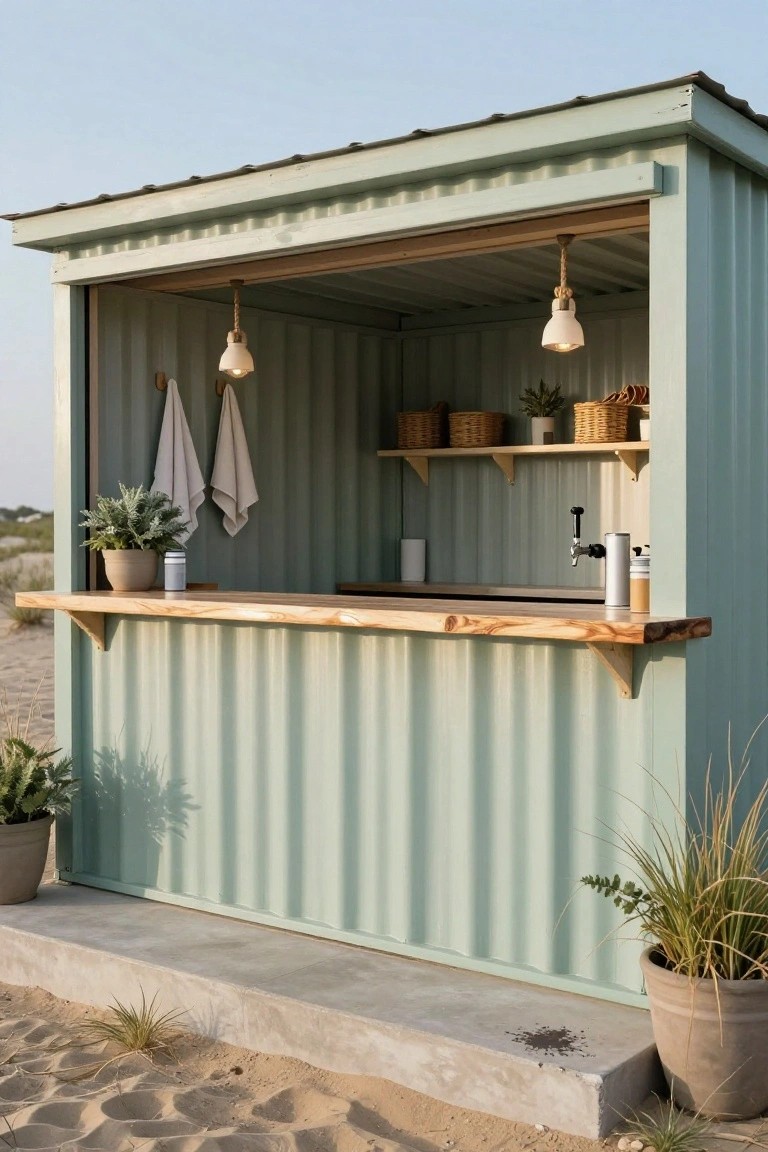 A light green shipping container modified into an open-air beachside cabana bar on sand, with a wooden bar top, draft beer tap, potted plants, hanging rope pendant lights, shelves, and towels on hooks.