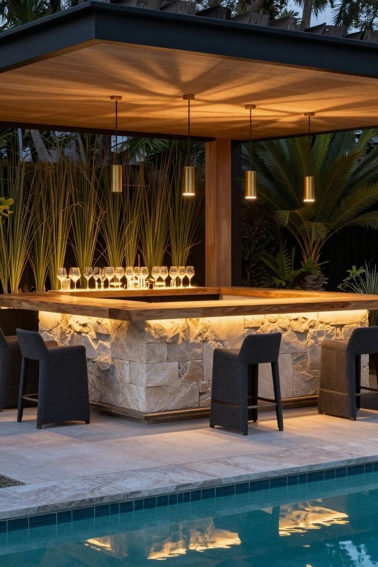 Outdoor pool cabana with wooden bar countertop on stone base, gold pendant lights, bar stools, potted plants, and turquoise pool in foreground.