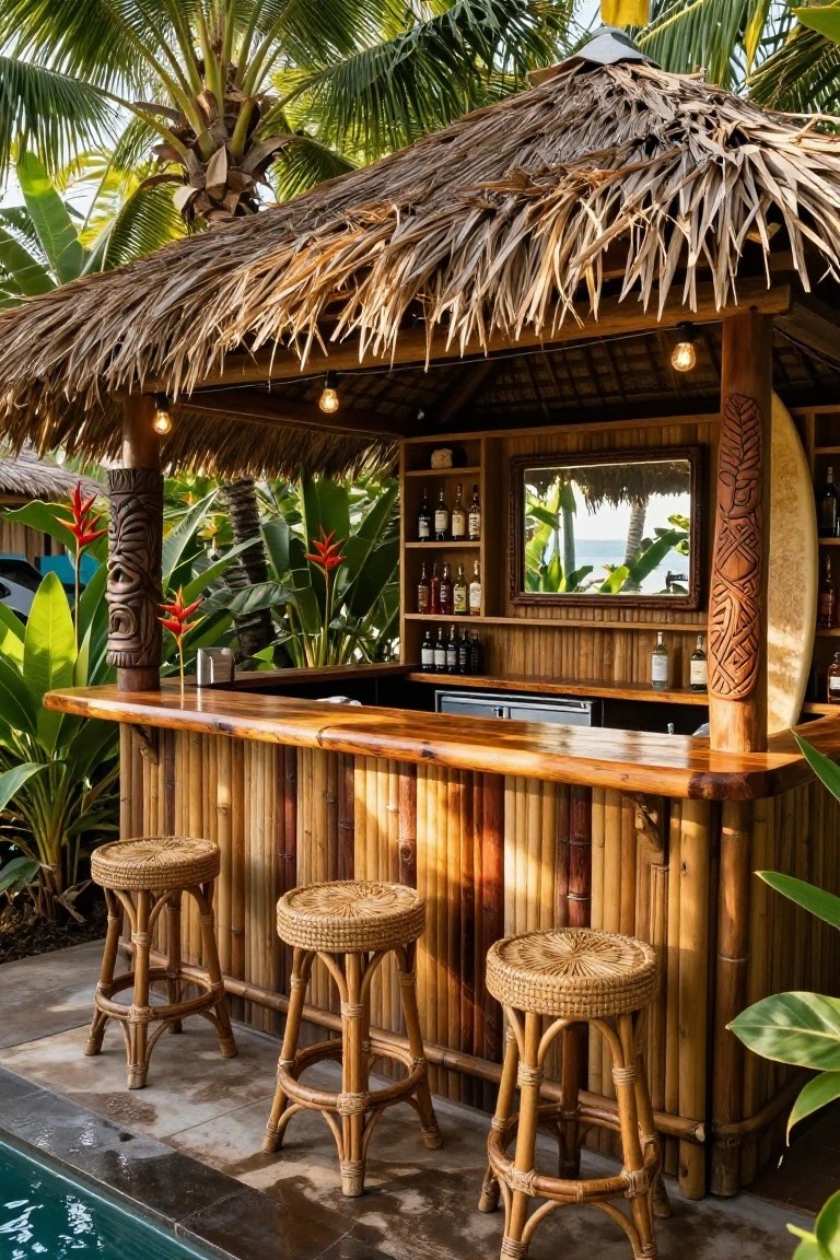 Outdoor tiki-style cabana bar next to a pool with thatched roof, bamboo bar counter, rattan stools, carved wooden posts, potted plants, liquor bottles on shelves, and tropical greenery.