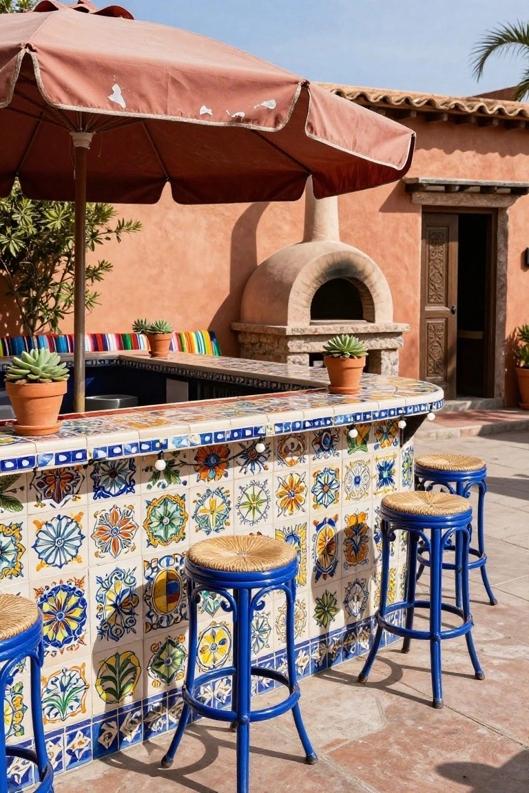 Curved outdoor bar counter covered in colorful floral-patterned tiles in blue, white, yellow, and orange, with four blue metal stools featuring woven seats, potted succulents on the counter and bar, a beige umbrella nearby, and adobe walls with a clay oven in the background.