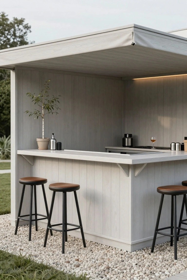 Outdoor cabana structure with light gray vertical wood paneling, white wraparound bar counter including sink and cooktop, four black metal bar stools with brown leather seats, potted olive tree and accessories on counter, gravel ground with surrounding grass and trees.
