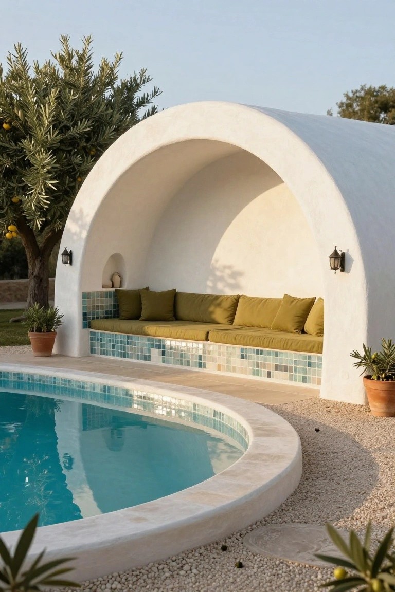 White curved arch structure with built-in green cushioned bench seating next to a turquoise pool tiled in blue mosaics, surrounded by olive trees and potted plants.