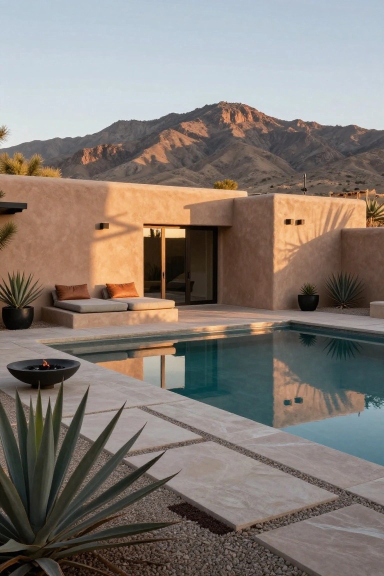 Beige stucco house with sliding glass doors next to a turquoise pool, low built-in daybeds with orange cushions, black fire bowl, agave plants in black pots, travertine tile patio, and desert mountains at sunset.