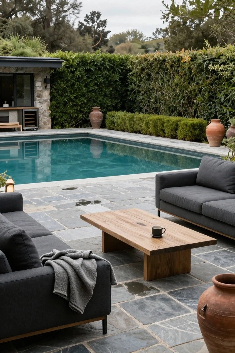 Turquoise pool beside gray modular sofas and wooden coffee table on slate pavers, with tall green hedges, terracotta pots, and stone pool house cabana in background.