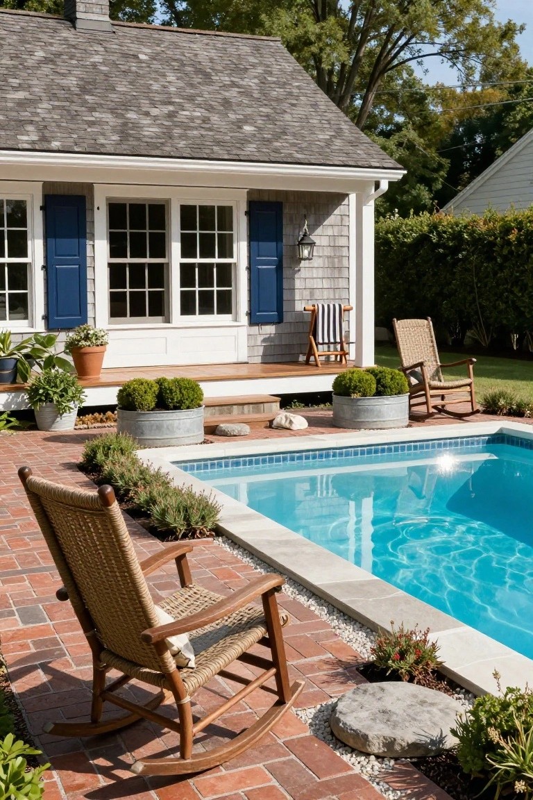 Shingled pool house with blue shutters and white trim beside a rectangular blue-tiled pool, featuring wicker rocking chairs and Adirondack chairs on a brick patio edged with plants and metal tubs.