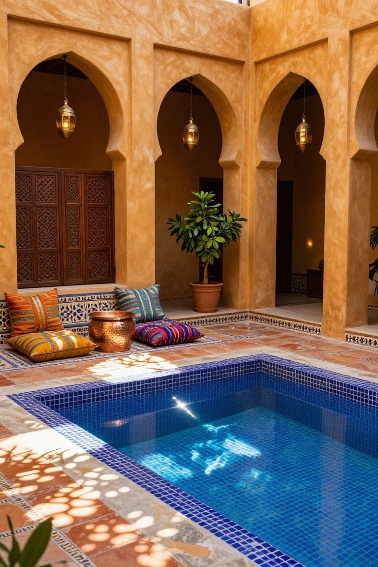 A small rectangular blue mosaic pool in a beige stucco courtyard with arched doorways, hanging metal lanterns, colorful floor cushions, a copper basin, potted plants, and terracotta tiles.