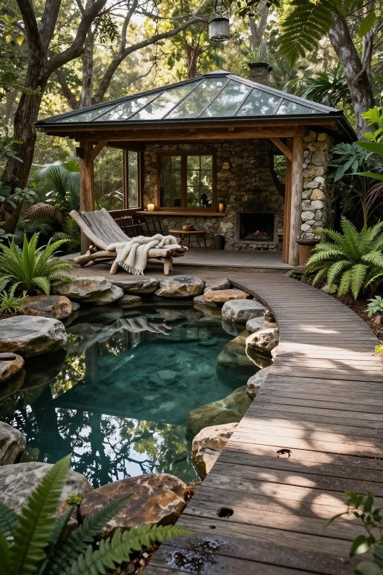 Stone pool house with glass roof and wooden deck featuring a lounge chair, connected by a curving wooden boardwalk over a turquoise rock-lined pool amid lush ferns and trees.