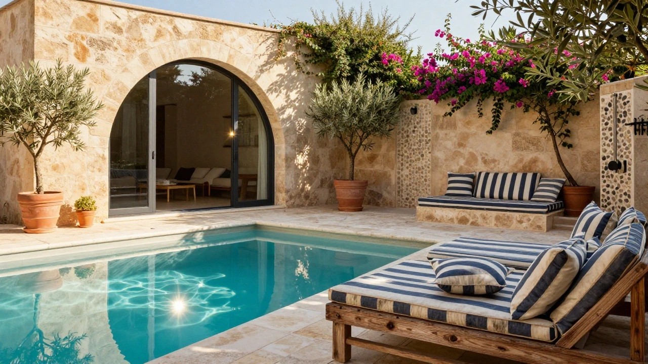 Stone poolside patio with turquoise pool water a wooden pallet daybed topped with blue and white striped cushions and pillows next to large terracotta pots potted trees pink bougainvillea climbing an arched stone doorway into a house and olive trees nearby