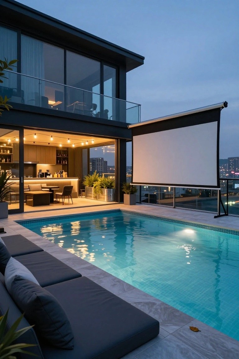 Modern rooftop terrace featuring a rectangular pool with blue tiles, adjacent open kitchen with wooden cabinets and bar seating, lounge chairs along the pool edge, string lights overhead, a large white projector screen, and city skyline at dusk.