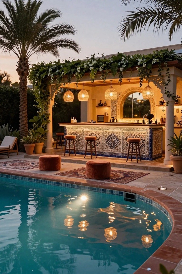 Outdoor poolside bar with arched pergola covered in greenery, ornate blue-and-white tiled bar front, wooden stools, velvet poufs, hanging lanterns, potted plants, and turquoise pool at dusk surrounded by palm trees.