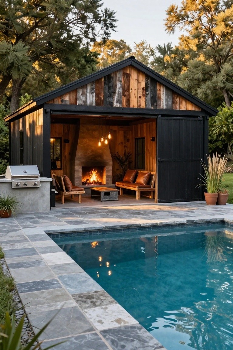 Rustic wood pool house with open black garage-style doors revealing a stone fireplace, leather seating, concrete table, built-in grill, on gray tiled patio next to turquoise pool amid trees and potted plants.