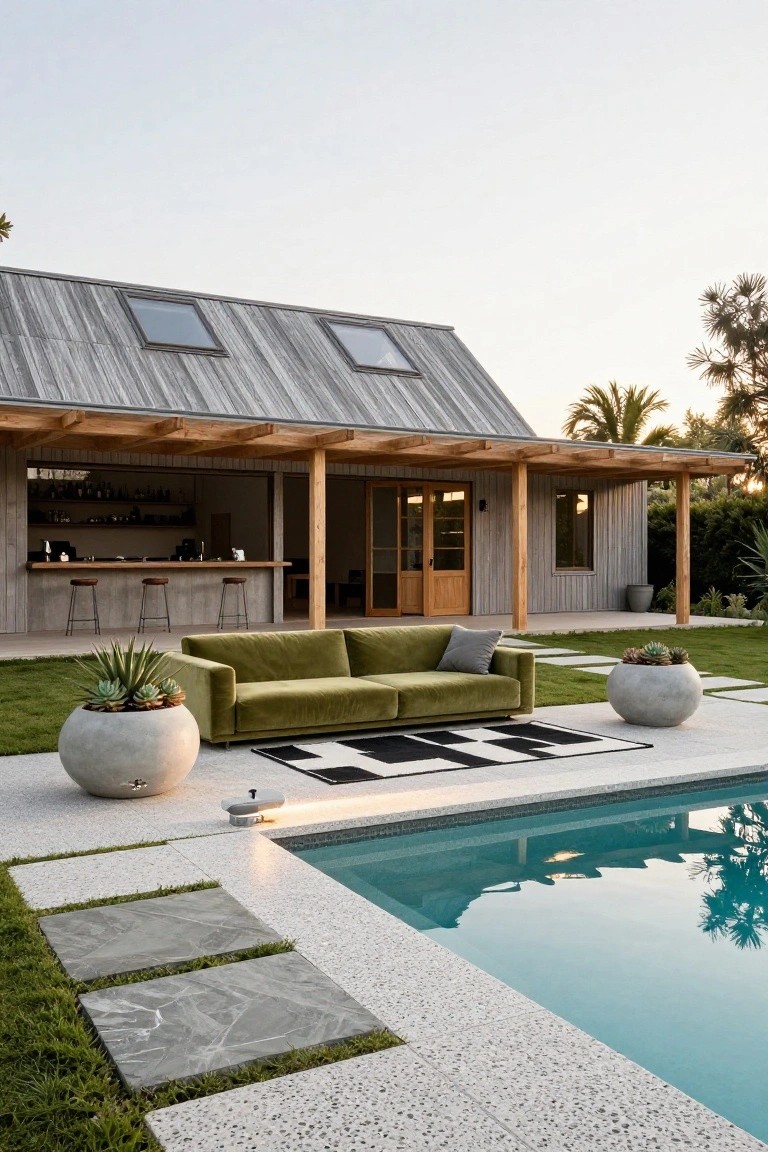 Modern pool house with corrugated metal roof and open wooden bar area under a covered porch, adjacent to a green velvet sofa on a black and white checkered rug beside a turquoise pool with terrazzo decking and potted plants.