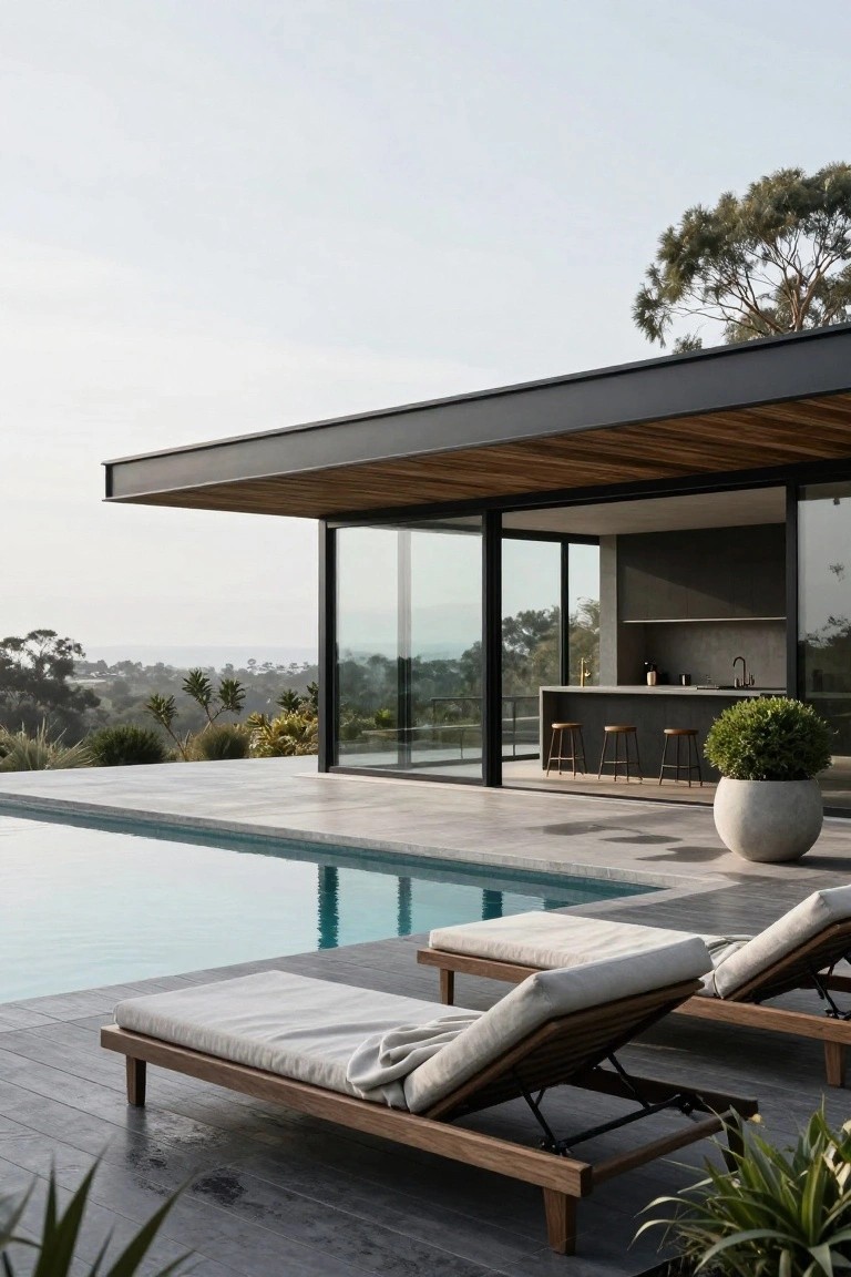 Cantilevered wooden roof over sleek black outdoor kitchen with bar stools, open glass walls to house, adjacent turquoise infinity pool with two white lounge chairs on gray deck, hillside view beyond