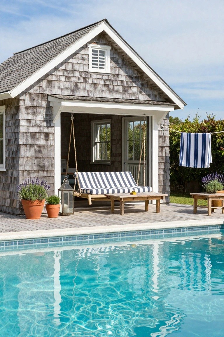 Shingled pool house with open porch holding a hanging striped swing daybed, lanterns, potted lavender plants, and wood side tables beside a turquoise-tiled pool.