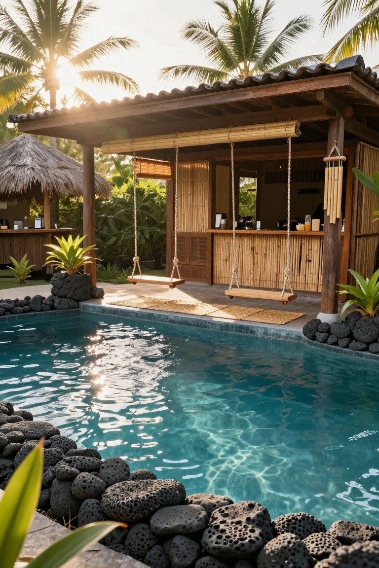 Turquoise pool with black lava rock edging next to an open wooden bar structure clad in bamboo panels and featuring a hanging wooden swing, surrounded by tropical plants and palm trees.