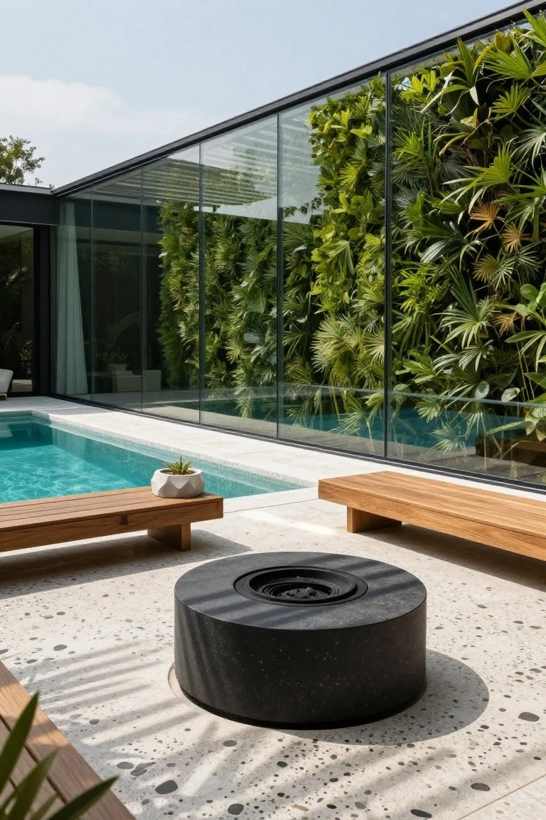 Outdoor pool area featuring a circular black fire pit on terrazzo flooring, flanked by wooden benches, a potted plant, and a modern glass-walled house with vertical green wall behind the pool.