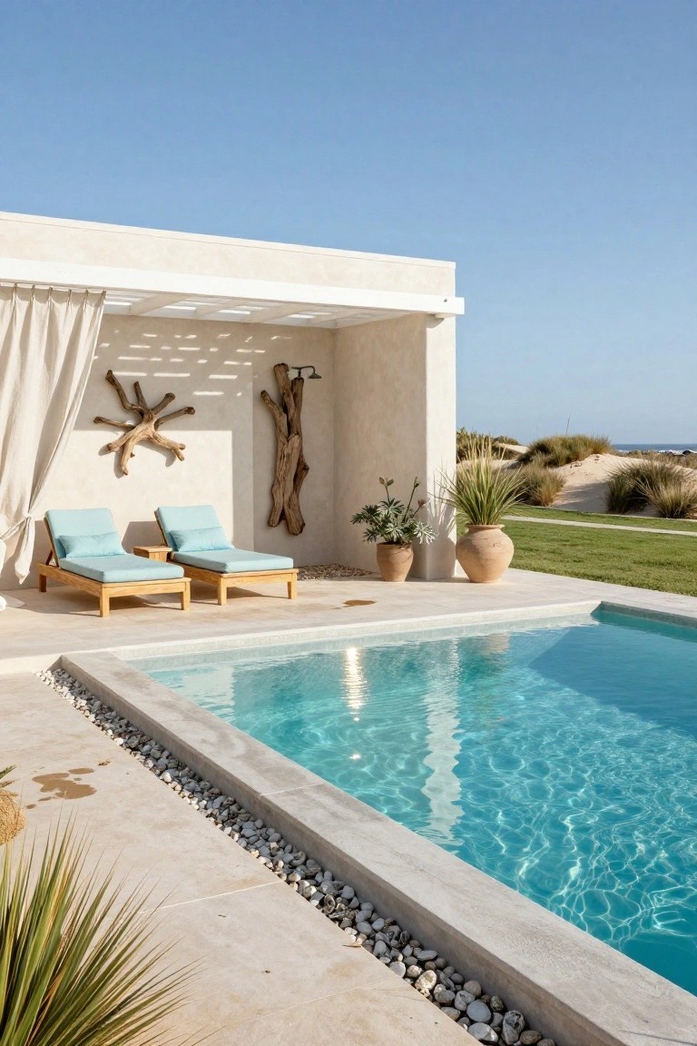 White stucco cabana structure with pergola, draped beige curtains, two teak loungers with turquoise cushions, wall-mounted outdoor shower, driftwood sculptures, potted plants, next to turquoise pool edged in pebbles, with beach dunes and ocean in background.