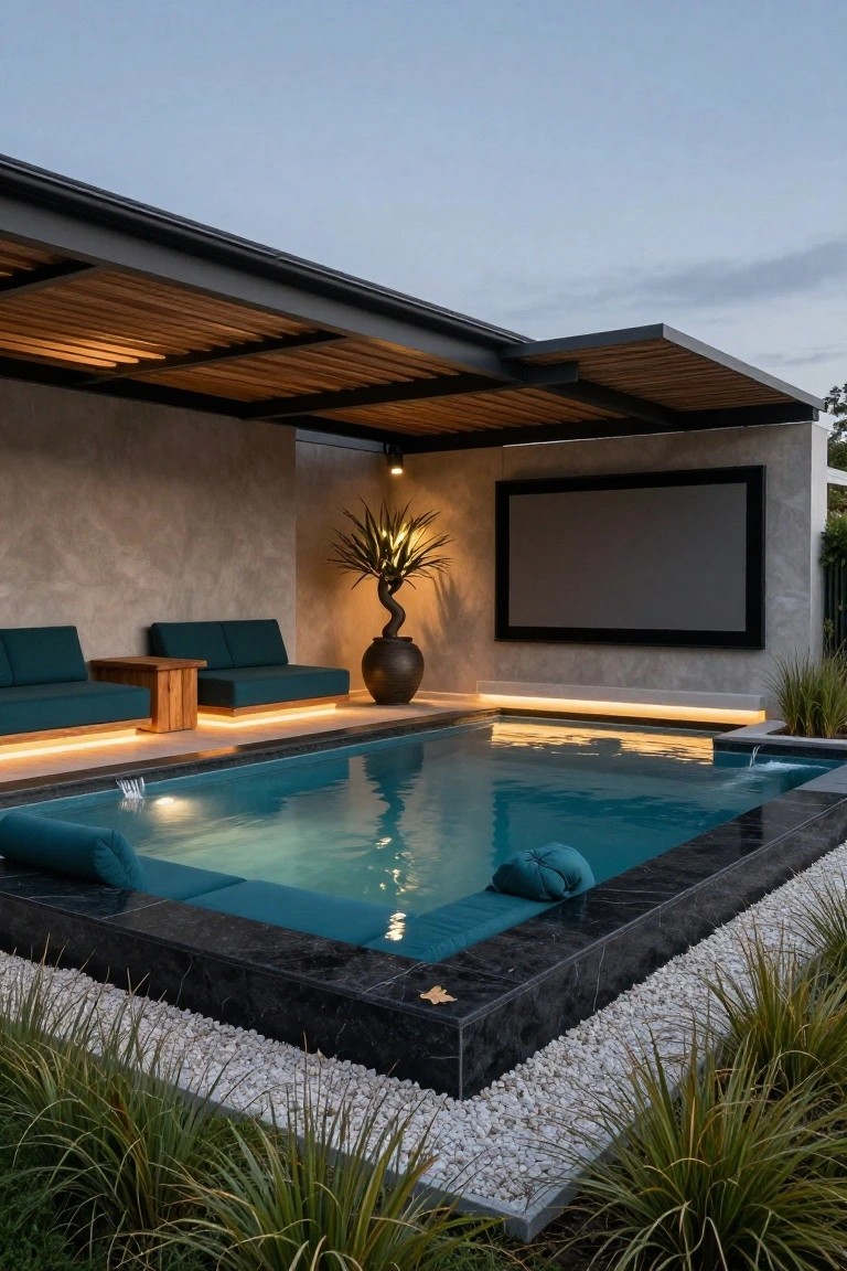 Outdoor pool with teal water and black marble edging, surrounded by white pebbles and grasses, adjacent to teal lounge seats under wooden slat pergola, large black-framed projector screen on stucco wall, lit palm tree and pot nearby.