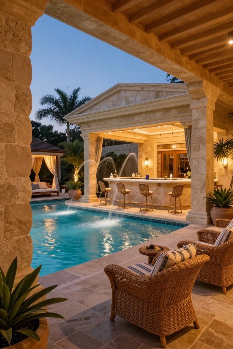 Dusk view through stone archway of turquoise pool with fountains, raised stone bar with wicker stools, nearby cabana and potted plants on tiled patio.