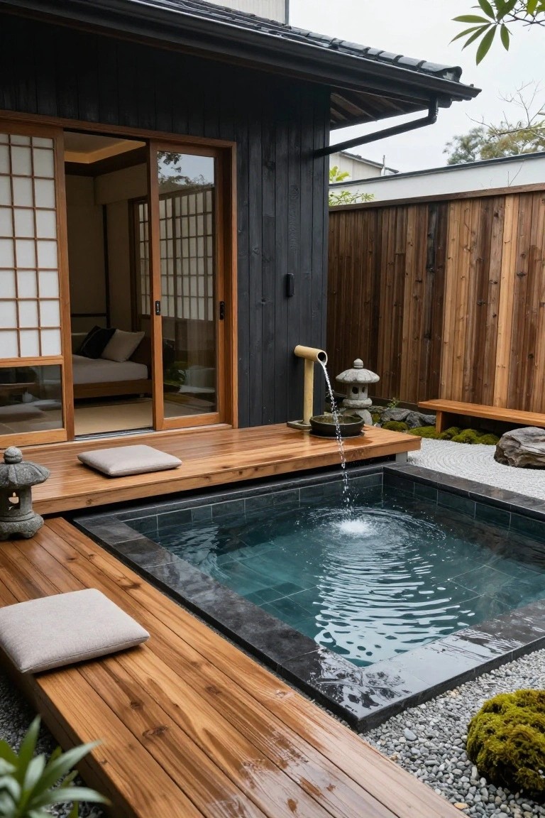 Small turquoise plunge pool with water flowing from a bamboo pipe on a wooden deck beside open shoji screen doors of a dark wood house, featuring stone lanterns, cushions, gravel, and mossy rocks.