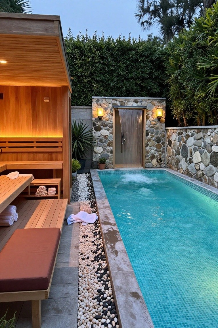 Wooden sauna cabana with interior benches and towels next to a small turquoise mosaic-tiled plunge pool edged in pebbles, with a stone wall featuring lanterns and a cascading water door, surrounded by plants and palms at dusk.