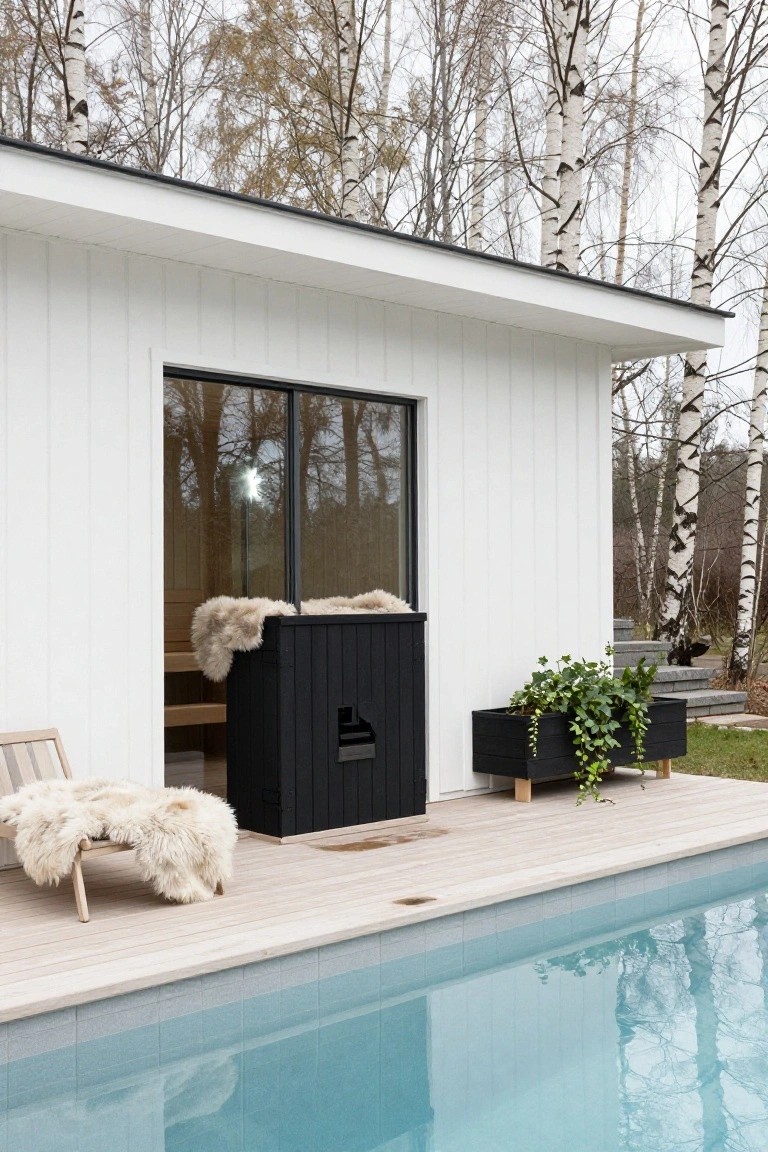 White wooden sauna building with glass door next to a turquoise pool on a light wood deck, black cabinet with flue beside it, sheepskin throws on a lounge chair and bench top, potted ivy plants, birch trees in background.