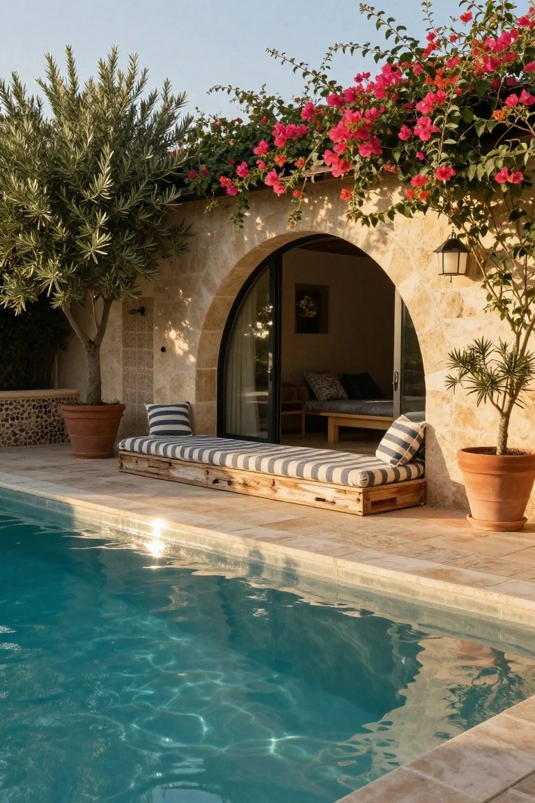 Stone poolside patio with turquoise pool water a wooden pallet daybed topped with blue and white striped cushions and pillows next to large terracotta pots potted trees pink bougainvillea climbing an arched stone doorway into a house and olive trees nearby