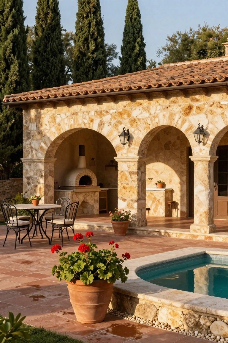Stone archway outdoor kitchen with wood-fired pizza oven, bistro table and chairs on terracotta tiles, potted red geraniums, and curved edge of turquoise swimming pool.