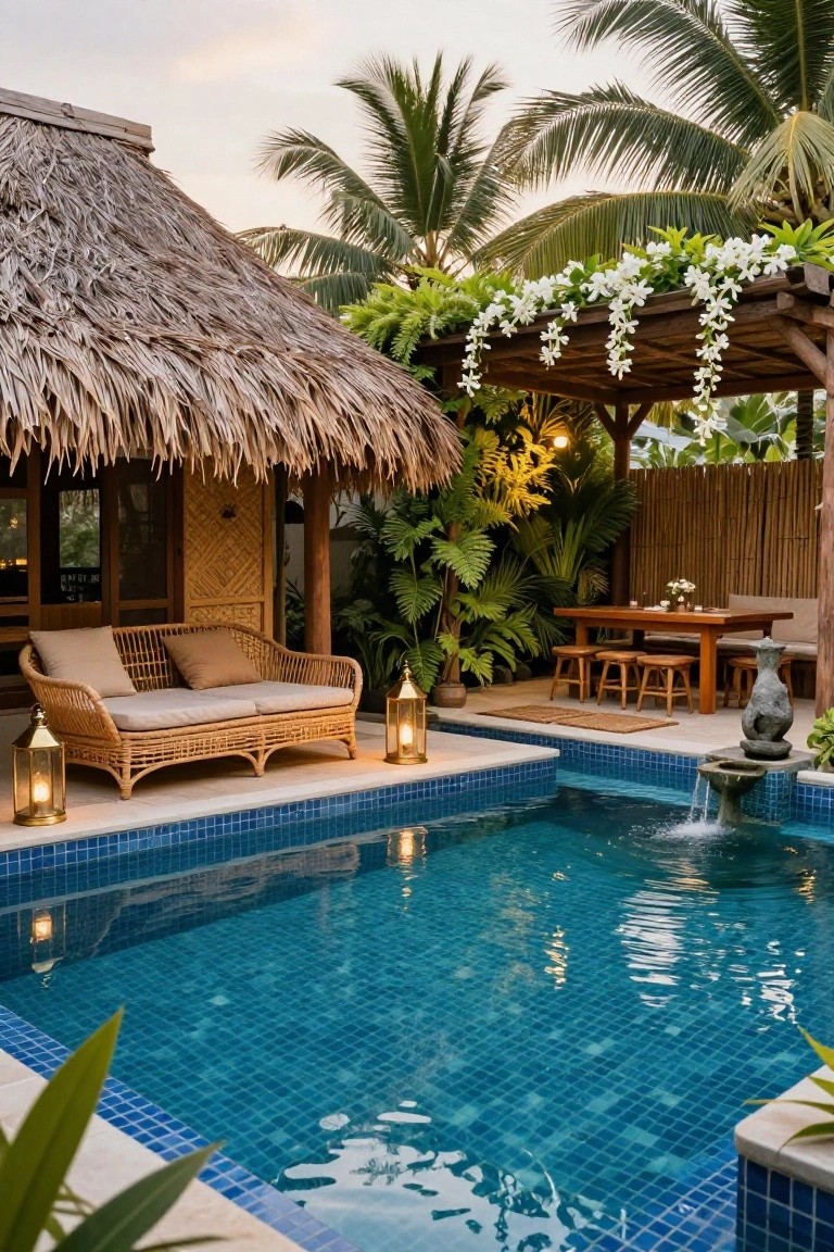 Small private pool with blue mosaic tiles next to a thatched-roof pavilion featuring rattan sofa, dining table, lanterns, tropical plants, and palms.