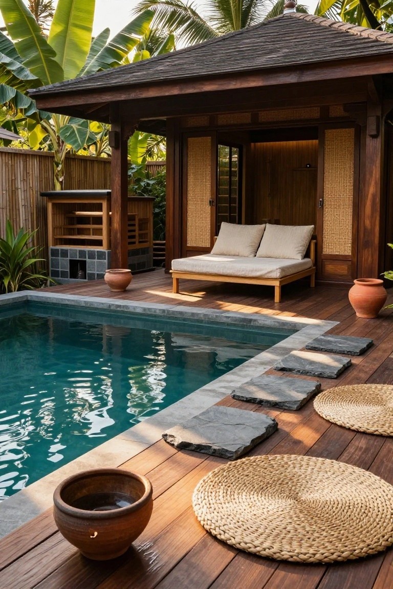 Wooden pavilion with beige daybed cushions and open bamboo screens overlooks a turquoise rectangular pool on a deck with stone stepping stones, woven mats, terracotta pots, and tropical plants nearby.