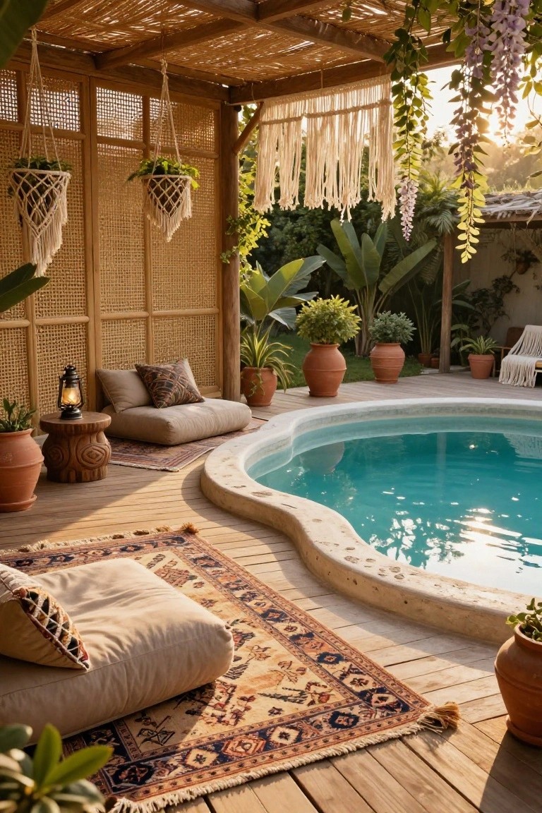 Curved turquoise pool edged by wooden deck with low beige cushions on patterned rug, tall woven bamboo screens, hanging macrame planters, terracotta pots, and lush greenery under thatched pergola.