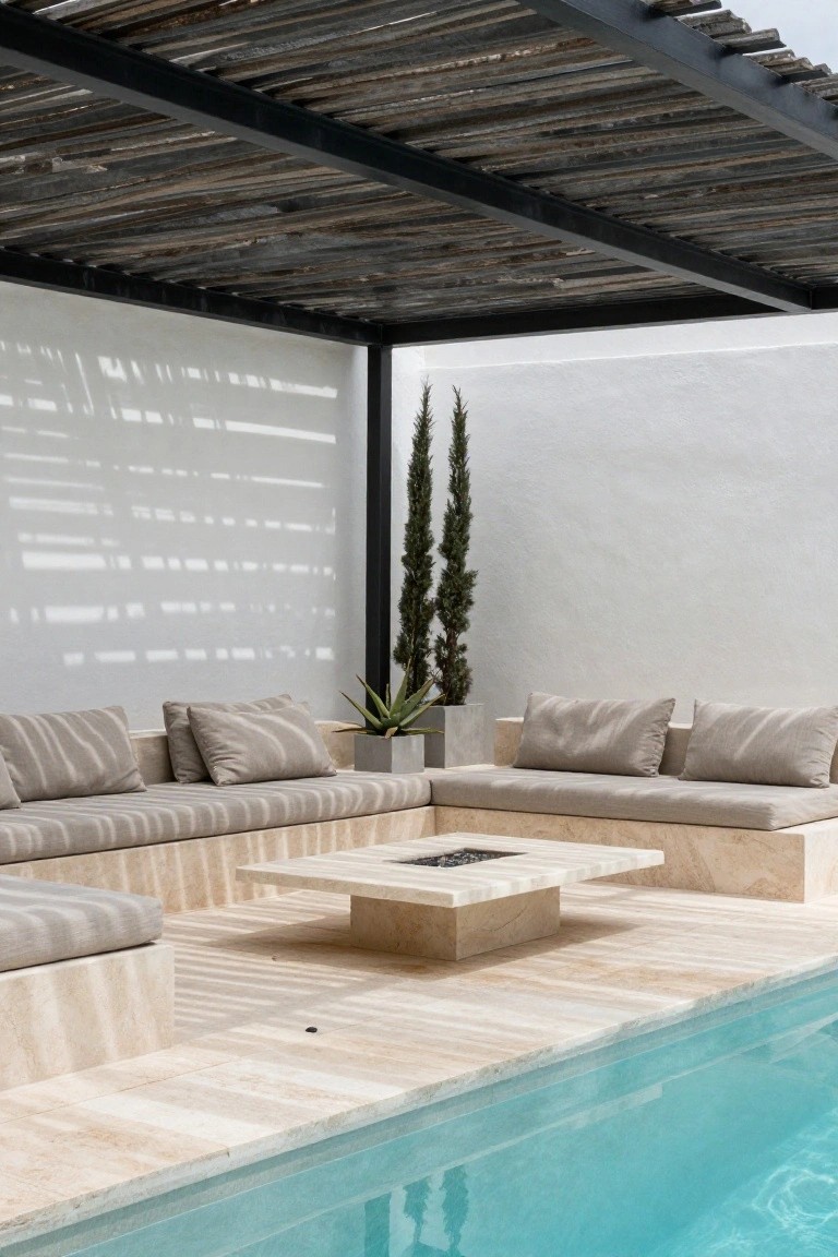 Poolside lounge with L-shaped travertine built-in benches and cushions surrounding a low travertine fire table under a thatched pergola, next to a turquoise pool, white wall, cypress trees, and aloe plant in concrete pot.