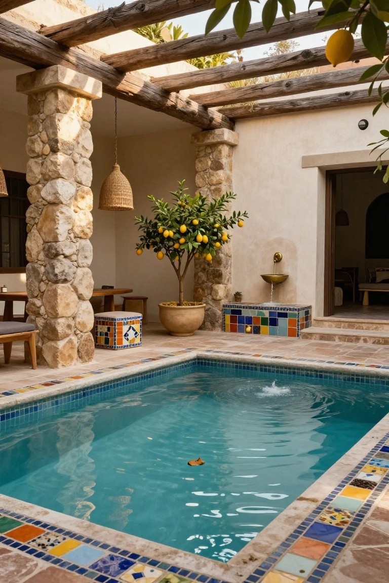 A small rectangular turquoise pool with colorful mosaic tile borders sits in a stone-paved patio under a wooden beam pergola supported by stone pillars, featuring a potted lemon tree, woven pendant lights, a tiled fountain, and outdoor seating.
